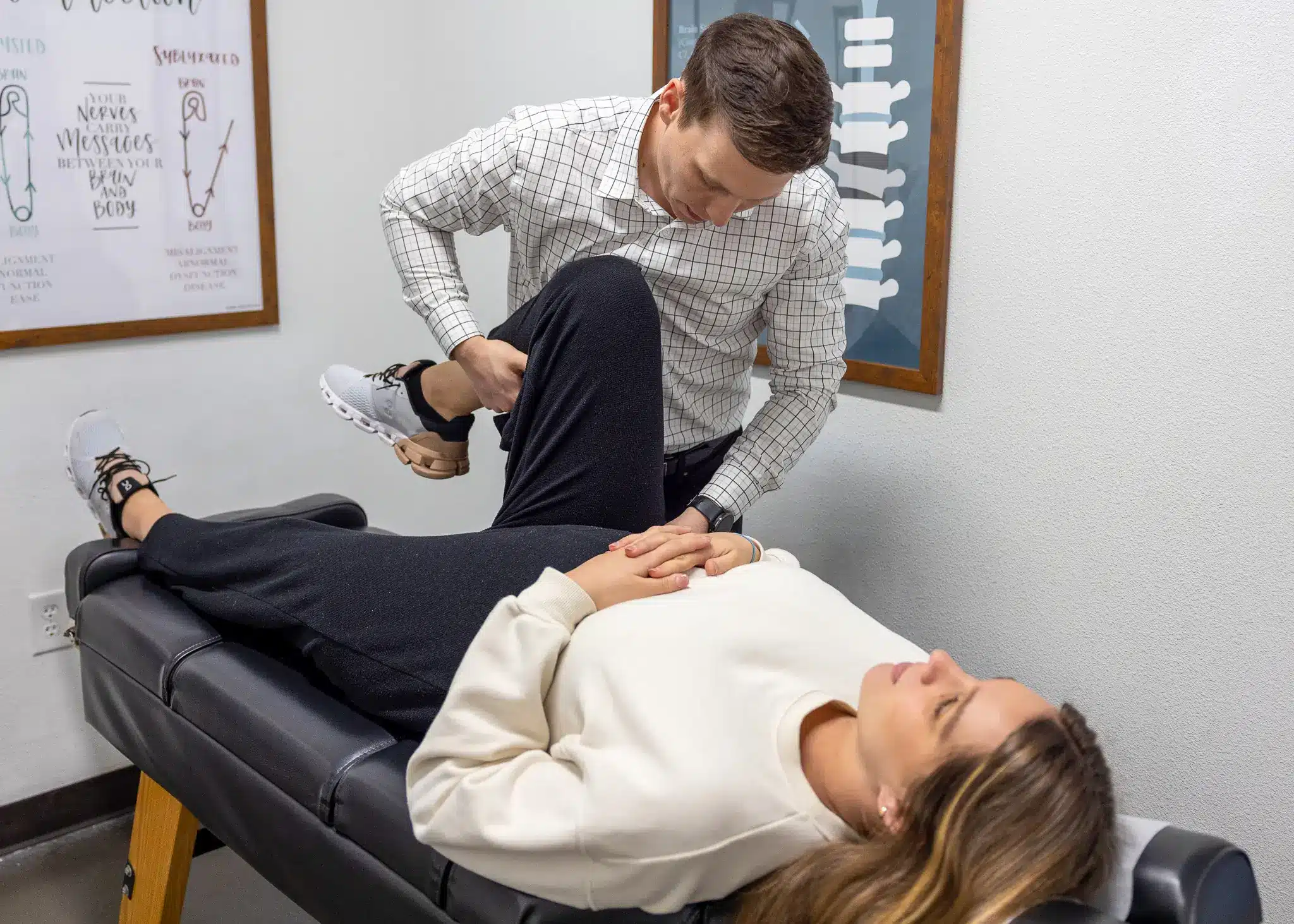 Gentle, neurologically-based adjustment for a joint pain patient at Restoration Chiropractic in Prosper, TX