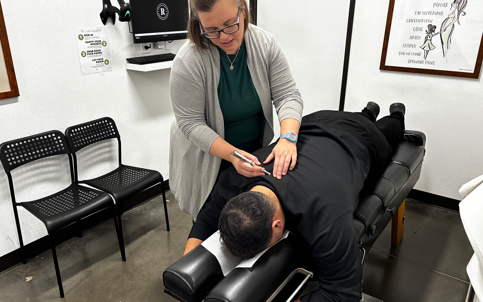 Gentle, neurologically-based upper cervical adjustment for a headache and migraine patient at Restoration Chiropractic in Prosper, TX