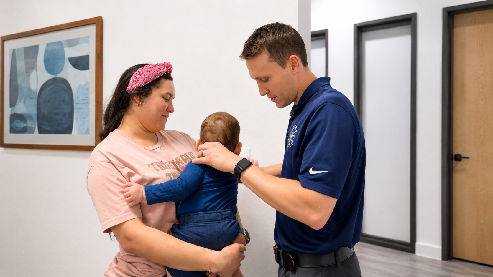 Gentle newborn chiropractic adjustment at Restoration Chiropractic in Prosper, TX